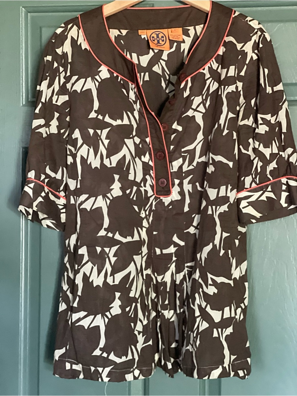 Tory Burch Brown & Cream Printed Long-Sleeve Tunic with Coral Trim